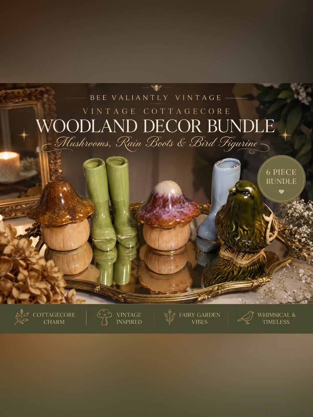 VTG Cottage-core Woodland Decor Bundle| Mushrooms, Rain Boots & Bird Figurines🍄